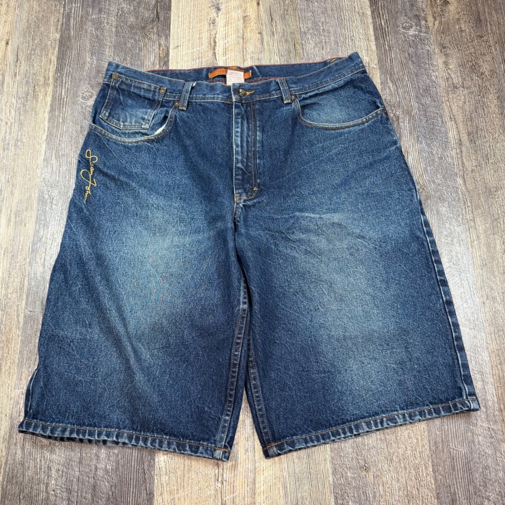 Sean‎ John Denim Shorts Men 36 Blue Baggy Y2K Embroidered Hip Hop Skater 90s